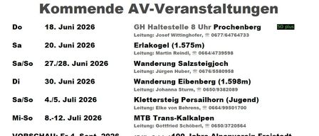 Das Bild zeigt einen Zeitplan für AV-Veranstaltungen mit Datum, Ort und Verantwortlichen. Veranstaltungen umfassen Wanderungen bei Prochenberg, Erlskogel, Salzsteigjoch und anderen. Verantwortliche und Kontaktnummern sind angegeben. Anmeldelinks sind vorhanden.