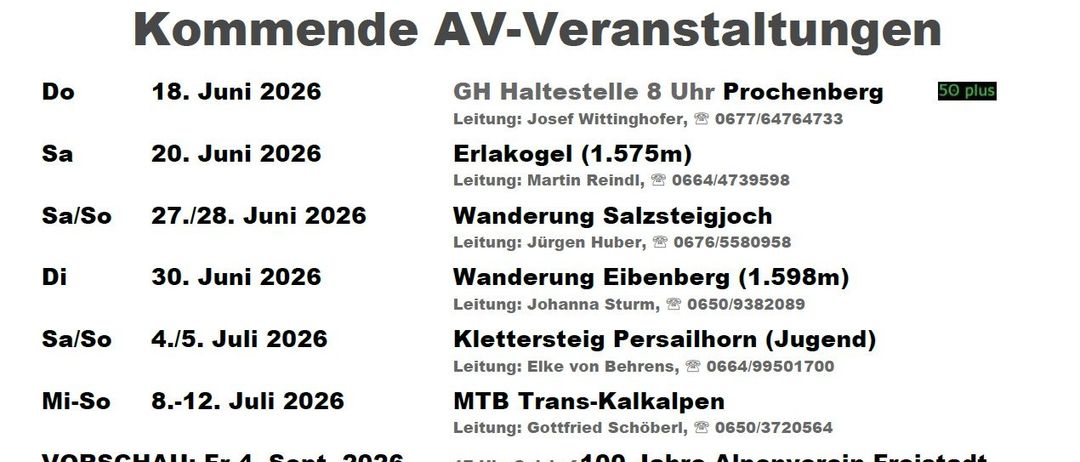 Das Bild zeigt einen Zeitplan für AV-Veranstaltungen mit Datum, Ort und Verantwortlichen. Veranstaltungen umfassen Wanderungen bei Prochenberg, Erlskogel, Salzsteigjoch und anderen. Verantwortliche und Kontaktnummern sind angegeben. Anmeldelinks sind vorhanden.
