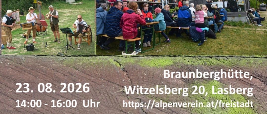 Eine Collage von Bildern, die ein Musikevent auf dem Braunberg zeigt, mit Musikern, die spielen, und Leuten, die die Veranstaltung genießen. Das Datum und die Uhrzeit sind als 23. August 2026, von 14:00 bis 16:00 Uhr, angegeben.
