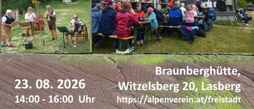 Eine Collage von Bildern, die ein Musikevent auf dem Braunberg zeigt, mit Musikern, die spielen, und Leuten, die die Veranstaltung genießen. Das Datum und die Uhrzeit sind als 23. August 2026, von 14:00 bis 16:00 Uhr, angegeben.