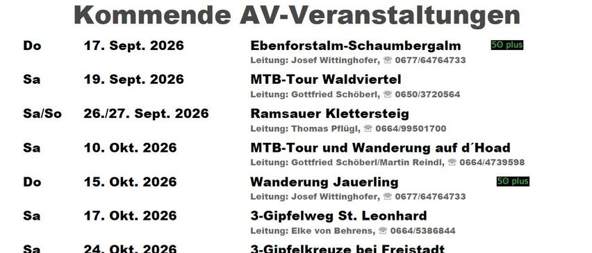Ein Flyer für bevorstehende AV-Veranstaltungen in Freistadt, Österreich, mit Datum, Ort und Leitern für jedes Event.
