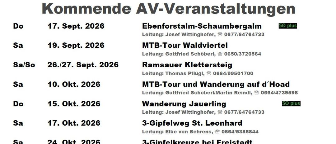 Ein Flyer für bevorstehende AV-Veranstaltungen in Freistadt, Österreich, mit Datum, Ort und Leitern für jedes Event.