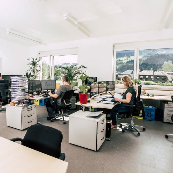 Ein Büroraum mit zwei Mitarbeitern. Ein Mann sitzt an einem Schreibtisch mit mehreren Computerbildschirmen, während eine Frau an einem anderen Schreibtisch einen Papier liest. Pflanzen und Bürozubehör sind auf den Schreibtischen.