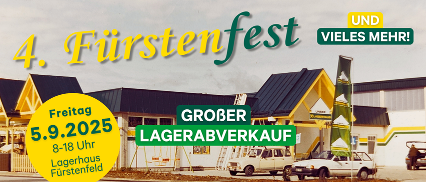 Plakat für ein Festival mit Häusern und Autos im Hintergrund. Der Text 'Fürstenfest' steht in großen Buchstaben und enthält Informationen über einen großen Verkauf, ein Kinderprogramm, Live-Musik und einen Getränkestand.