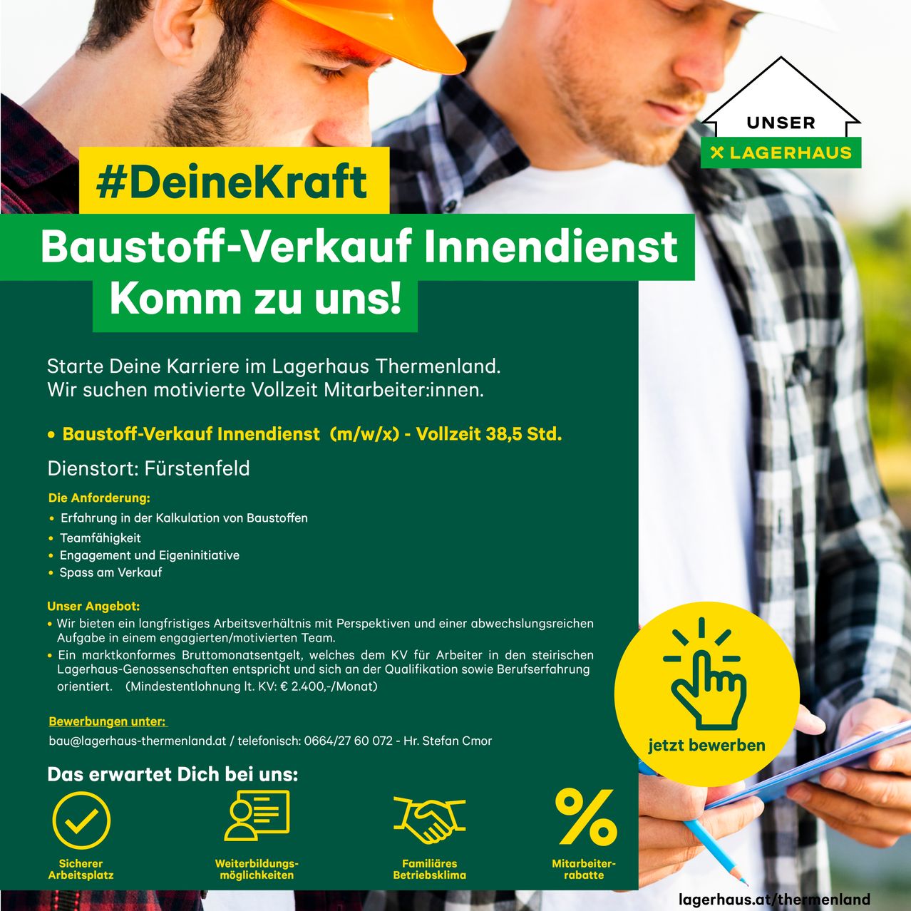 Zwei Männer bewerben sich für eine Stelle im Verkauf von Baumaterialien. Ein Mann hält ein Tablet und der andere trägt einen Helm. Der Text ist auf Deutsch.