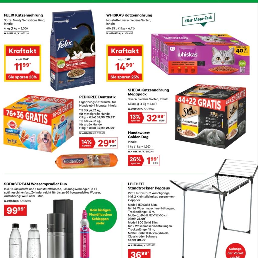 Katzenfutter und Hundefutter im Angebot mit Rabatten. Katzenfutter-Marken Felix, Whiskas und Sheba mit verschiedenen Angeboten. Hundefutter-Marke Pedigree. Waschmaschinenständer mit zwei Ablagen und eine Flasche Sodastream.