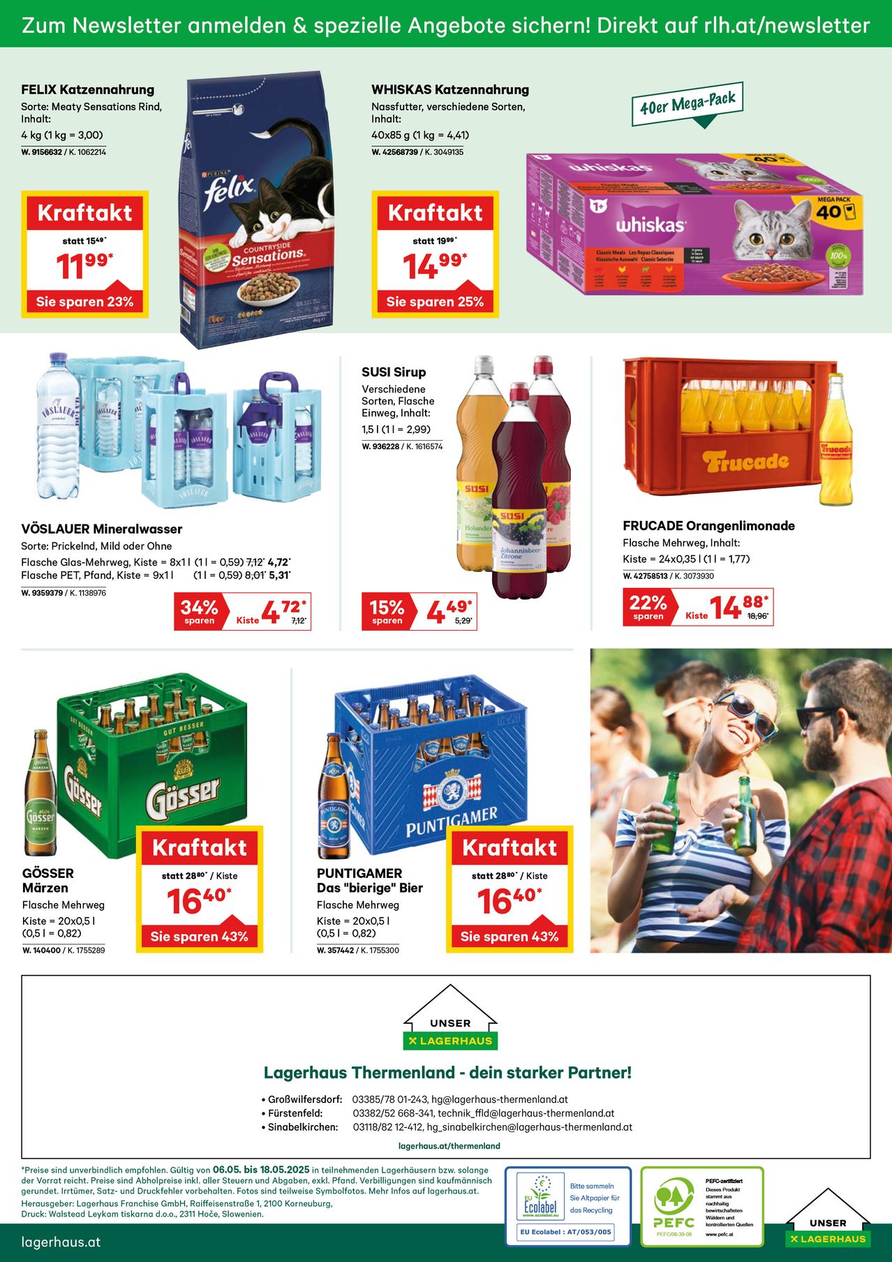 Werbeanzeige für verschiedene Produkte, darunter Wasser, Saft, Bier und Tierfutter mit Preissenkungen. Wasserflaschen in blauen Körben, Saftflaschen in Flaschen, Bierkisten und Tierfutterdosen. Eine Frau und ein Mann sind abgebildet, die wahrscheinlich Flaschen in einer sozialen Umgebung halten.