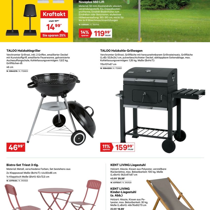 Werbung für Taloo Holzkohlegrill mit abgerundetem Metallrahmen und zwei Grills, zum Preis von 46,99 Euro. Der Griller enthält einen Feuerlöscher, eine Grillabdeckung und eine 1-Jahres-Garantie. Ein schwarzer Holzkohlegrill mit herausnehmbarer Holzkohleschublade, zum Preis von 159,99 Euro. Ein schwarzer und grauer Liegestuhl mit Metallrahmen und grauen Kissen, zum Preis von 25,99 Euro.