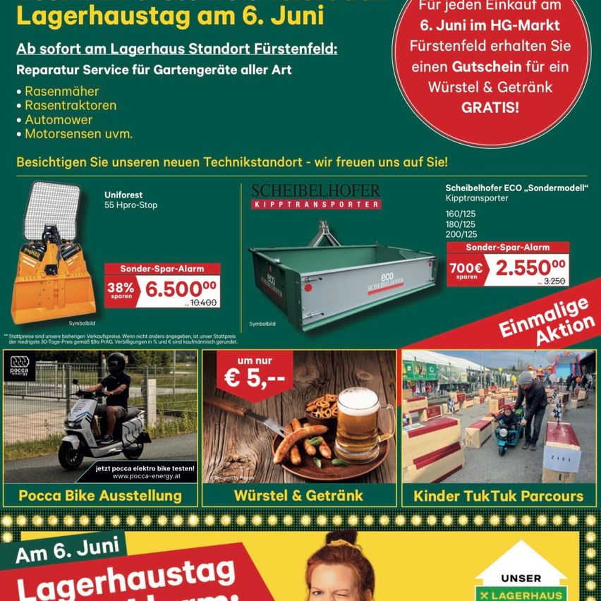 Das Bild ist eine Werbung für ein Lagerhaus-Event am 6. Juni. Es beinhaltet einen Reparaturservice für Gartengeräte, neue ausgestellte Geräte und verschiedene Werbeaktionen.