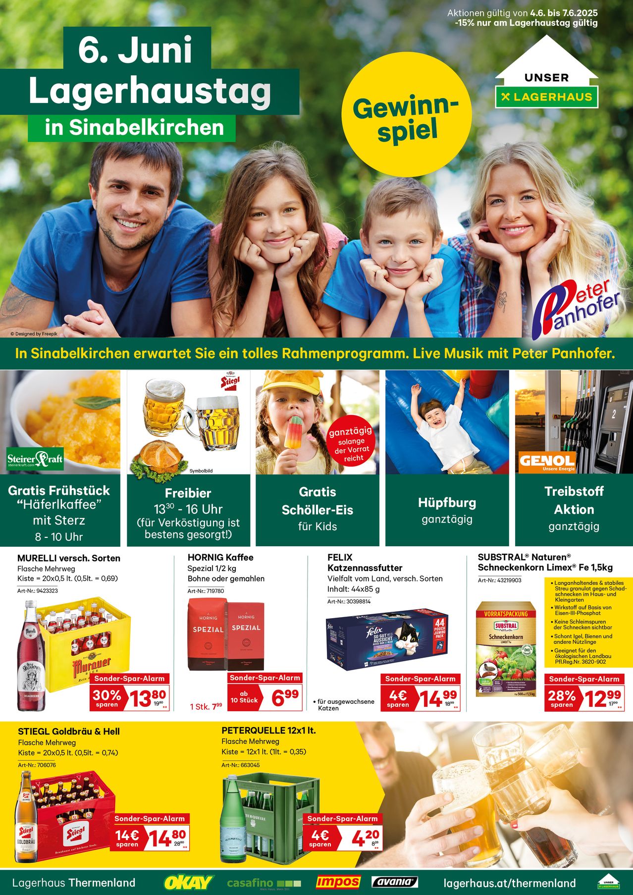 Werbung für eine Getränkemarke mit einer Familie, die eine Mahlzeit genießt. Angebote beinhalten kostenloses Frühstück, Rabatte auf Produkte und Aktivitäten für Kinder. Preise und Sonderangebote sind hervorgehoben.