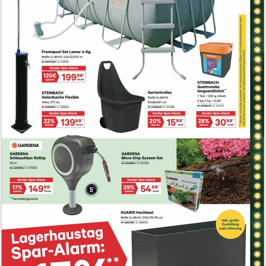 Eine Werbung für Gartenprodukte zeigt ein Framepool-Set, eine Solardusche, ein Gartenbewässerungssystem und ein Hochbeet. Das Framepool-Set hat einen Rabattalarm. Die Solardusche ist flexibel. Das Gartenbewässerungssystem ist mikrotropf. Das Hochbeet hat ein Angebot für kostenlose Einrichtung und Lieferung.