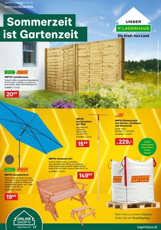 Werbung für Gartenprodukte. Beinhaltet einen Holzzaun, eine Holzbank, einen blauen Regenschirm und einen weißen Sack. Beinhaltet Produktdetails und Preise. Zeigt ein Haus und einen Rasen.