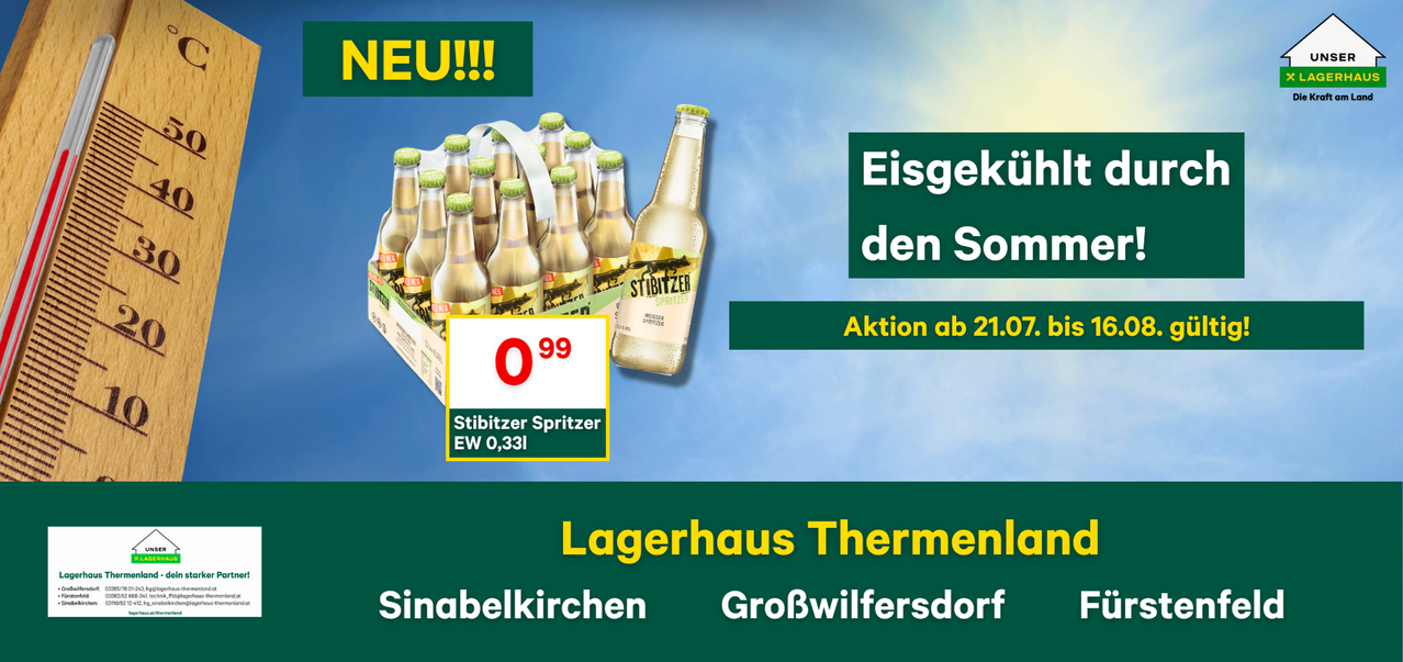 Aktion für Stitzer Spritzer, 0,33L, Preis 0,99 Euro. Angebot gültig bis 21.07. Standorte: Lagerhaus Thermenland Sinabelkirchen und GroBwifersdor.