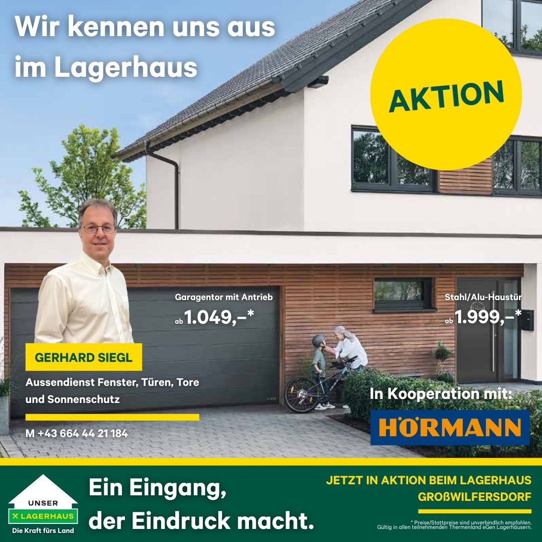 Eine Werbung für ein Lagerhaus in Deutschland, die einen Mann und eine Familie zeigt. Das Haus hat eine Garage und Solarmodule. Die Anzeige hebt den Preis der Garage hervor und erwähnt die Zusammenarbeit mit Hormann. Der Text lautet: 'Wir kennen uns aus im Lagerhaus. Aktion.'