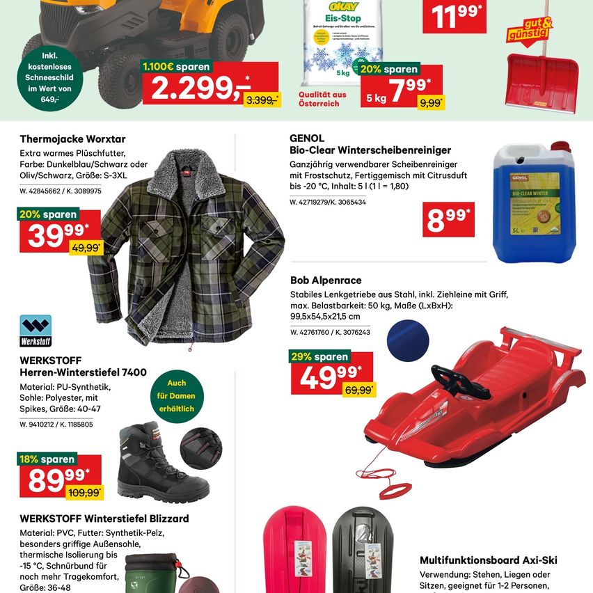 Werbung mit einem gelben Rasenmäher, Preisschildern und einem Schneeschieber. Ein weiterer Bereich zeigt eine Winterjacke mit Preisschildern und einem Schneeschieber. Ein weiterer Bereich zeigt ein Winterreiniger, einen Winterstiefel und einen Schlitten.