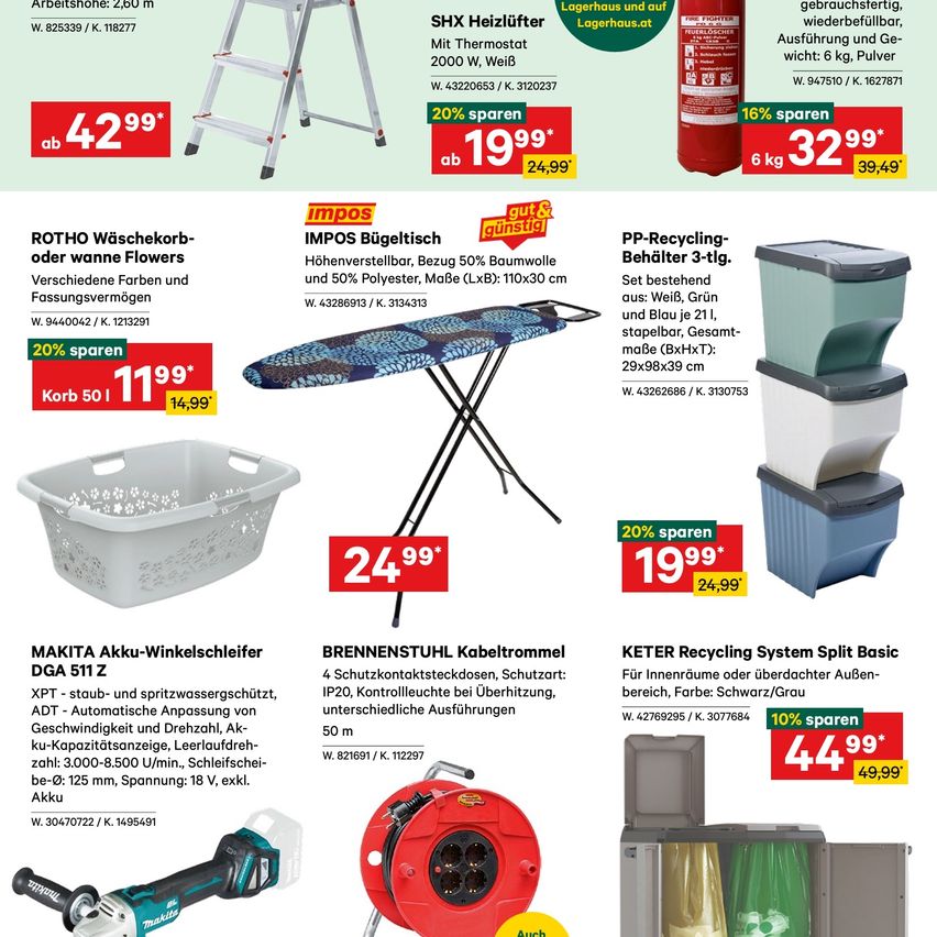 Werbeflyer mit verschiedenen Haushaltsprodukten: Leiter, Bügeleisen, Wäschekorb, Winkelschleifer, Feuerlöscher, Recycling-Behälter. Produkte umfassen: Leiter mit Thermostat, Bügeleisen, Wäschekorb, Winkelschleifer, Feuerlöscher und Recycling-Behälter. Jedes Produkt hat einen Preis und einen Rabattprozentsatz.