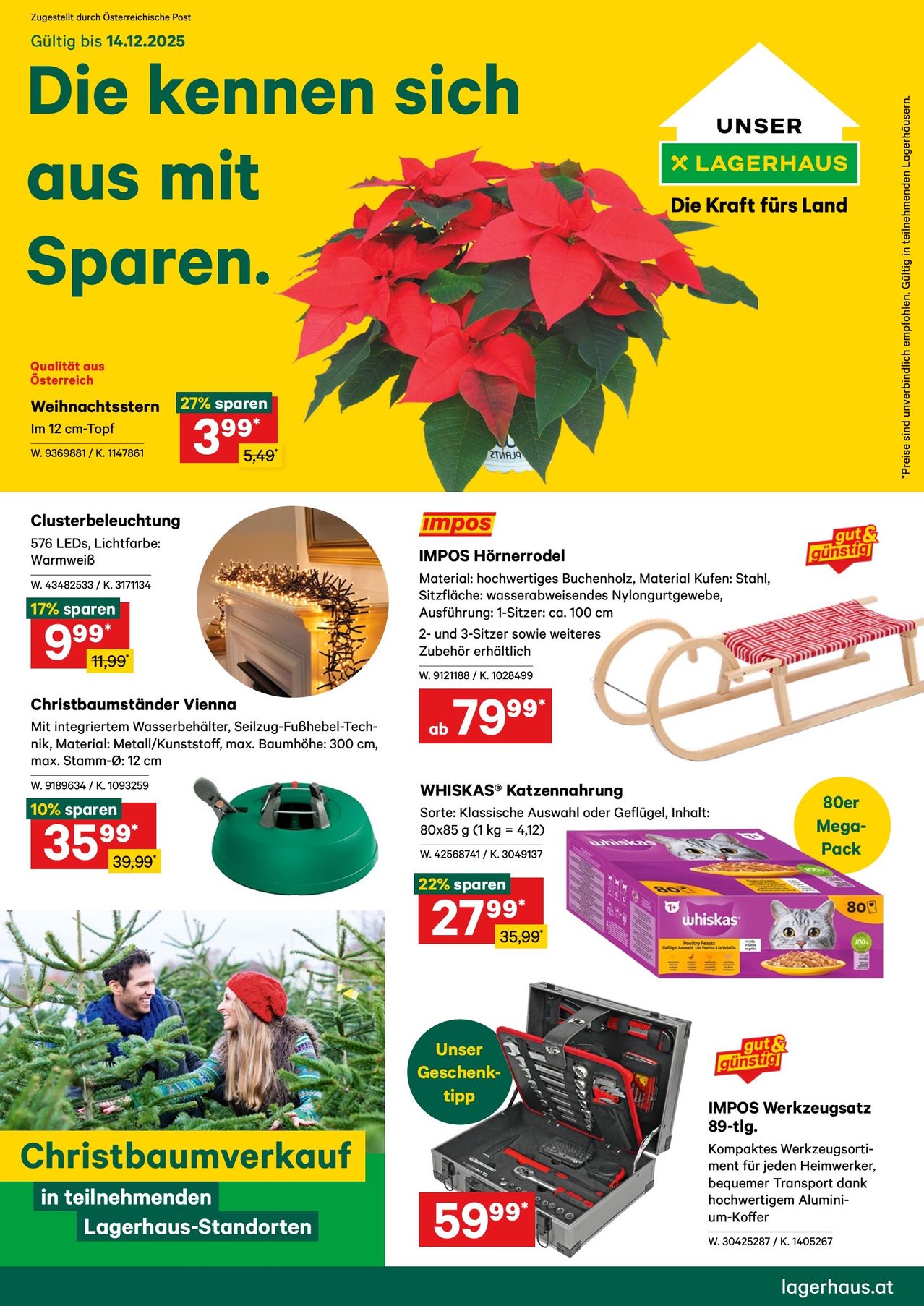 Eine Werbung für saisonale Produkte zeigt eine Christrose, eine Lichterkette, einen Weihnachtsbaumständer und eine Katzenfutterpackung. Die Artikel weisen Rabatte und Produktspezifikationen auf.