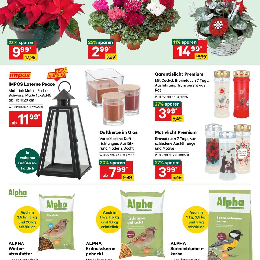 Eine Werbung für IMPOS Laternen und Alpha Wintervogelfutter. Merkmale sind eine Laterne, Kerzen und Vogelfutter. Preise und Rabatte werden angezeigt. Laternen sind metallisch mit verschiedenen Designs. Vogelfutter kommt in Beuteln mit Vogelbildern.