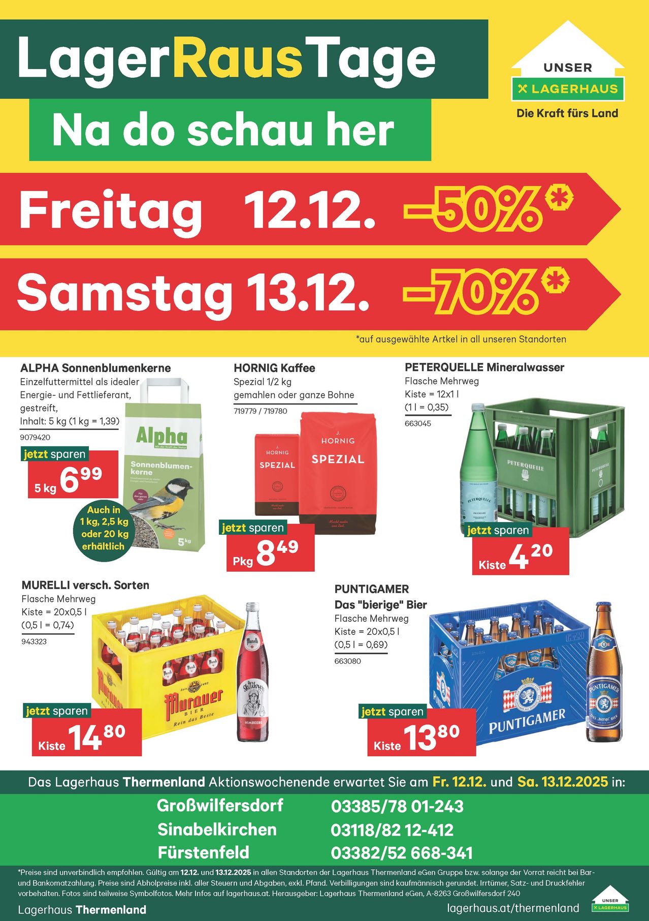 Werbeanzeige für Rabatte auf verschiedene Produkte. Produkte umfassen Alpha Sonnenblumenkerne, Hornig Kaffee, Peterquelle Mineralwasser, Murelli Fruchtsaft und Puntigamer Bier. Rabatte reichen von 50% bis 70% auf ausgewählte Artikel.