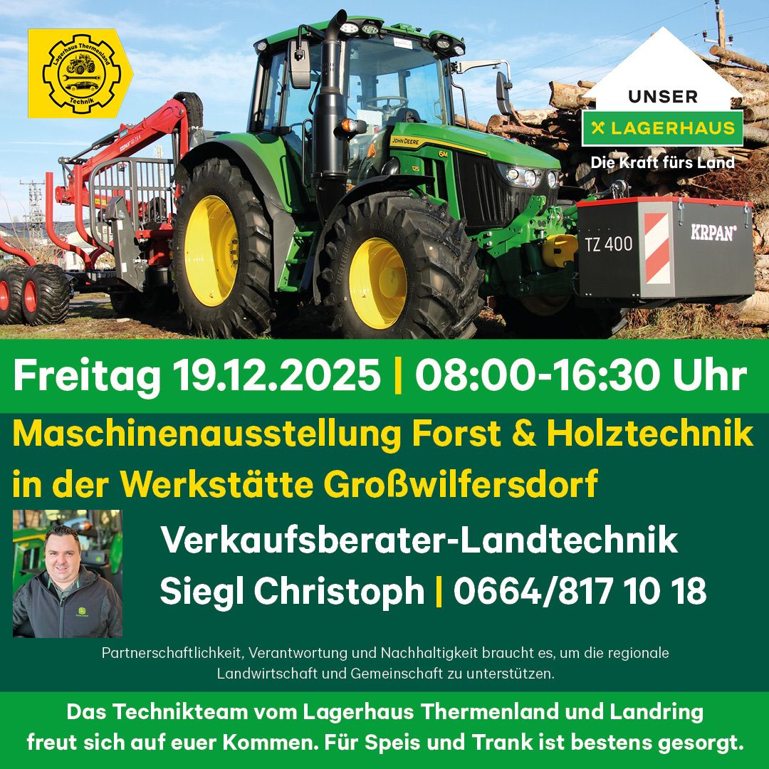 Ein Werbeplakat für eine Maschinenausstellung von Forst- und Holztechnik. Der Traktor ist grün mit einem gelben Rad und KRPÄN auf der Seite. Die Veranstaltung findet am Freitag, 19. Dezember 2025, von 08:00 bis 16:30 Uhr statt.