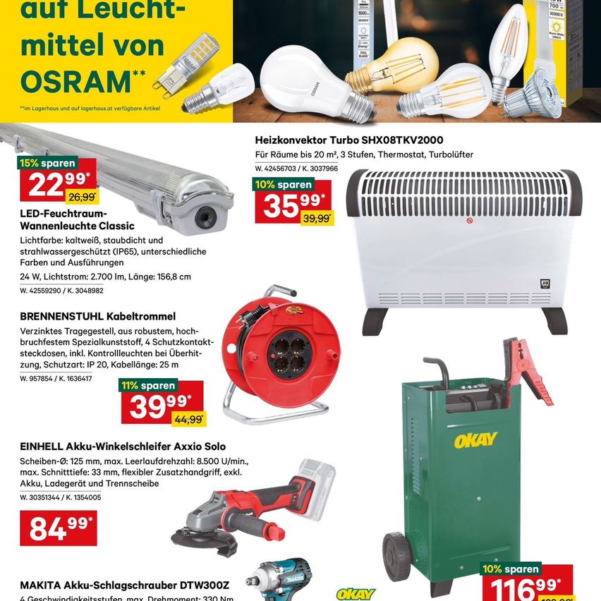 Werbeanzeige für Beleuchtungsprodukte von OSRAM. Beinhaltet LED-Feuchtraumleuchten, einen Turboheizkörper, eine Kabeltrommel, eine Winkelschleifer und eine Bohrmaschine. Jedes Produkt hat einen Preis, Rabatt und Spezifikationen.