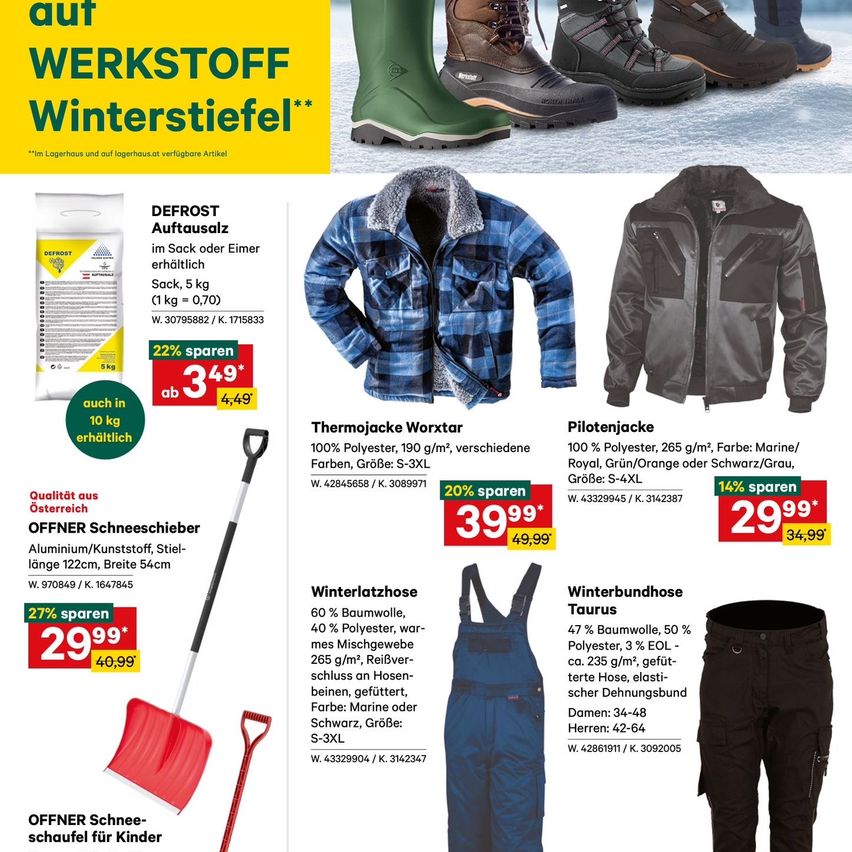 Werbung für Winterstiefel und Kleidung. Merkmale: Defrost-Eisschmelzmittel, Thermojacke, Pilotenjacke, Winter-Schneeschaufel und Winter-Arbeitsoveralls. Hervorgehobene Ersparnisse mit Rabatten.