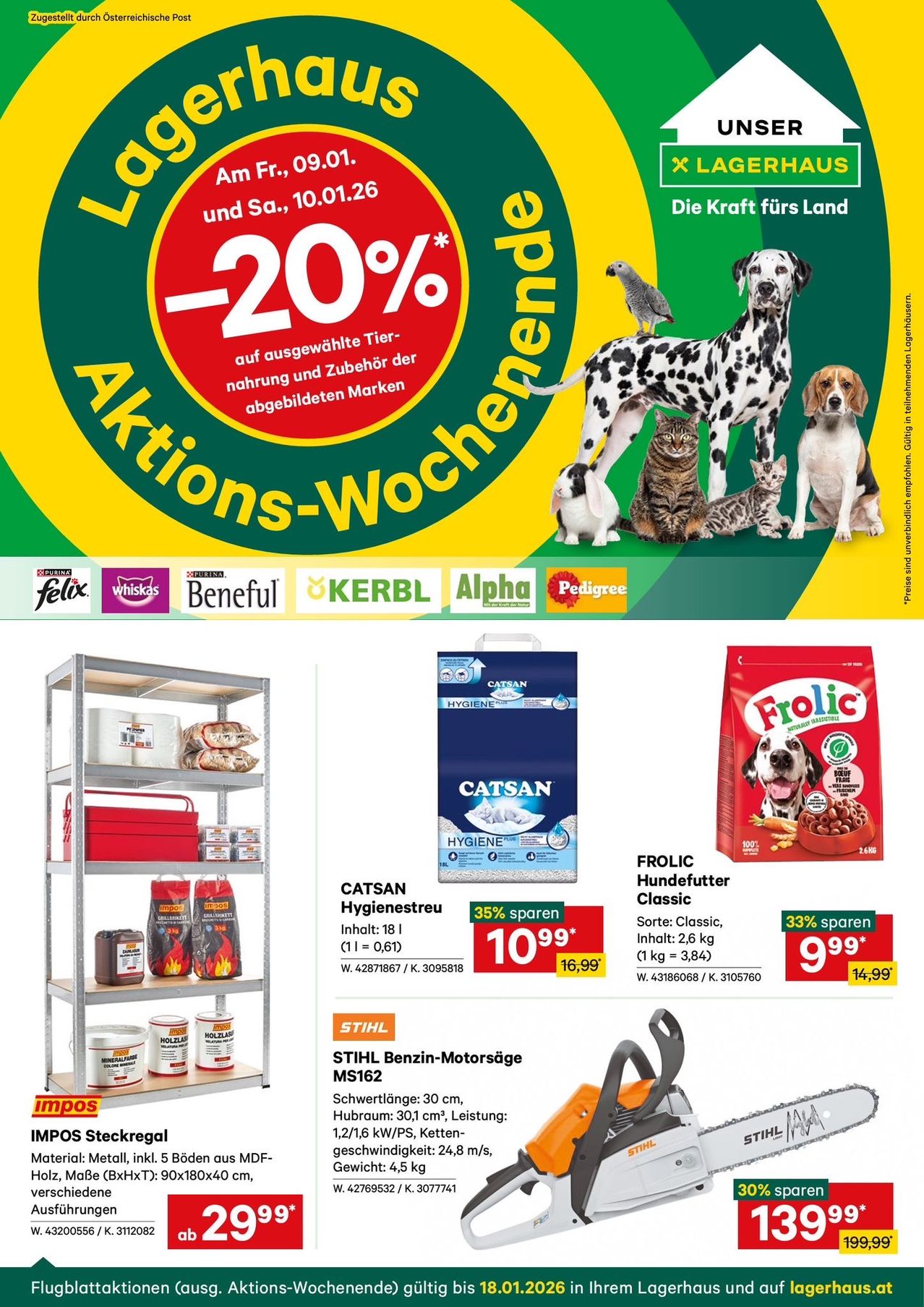 Werbeanzeige mit einem Dalmatiner und anderen Tieren, die einen 20% Rabatt auf Tierfutter und Zubehör bewerben. Verschiedene Produkte wie Katzenstreu, Hundefutter und eine Kettensäge werden gezeigt.