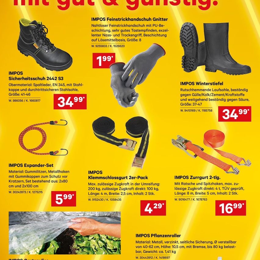 Eine Werbung für IMPOS-Sicherheitsprodukte zeigt verschiedene Artikel: Sicherheitsschuhe, Winterstiefel, Handschuhe, Expander-Sets, Zurrgurte und Pflanzrollen. Jeder Artikel wird mit Preis, Material und wichtigen Merkmalen hervorgehoben.