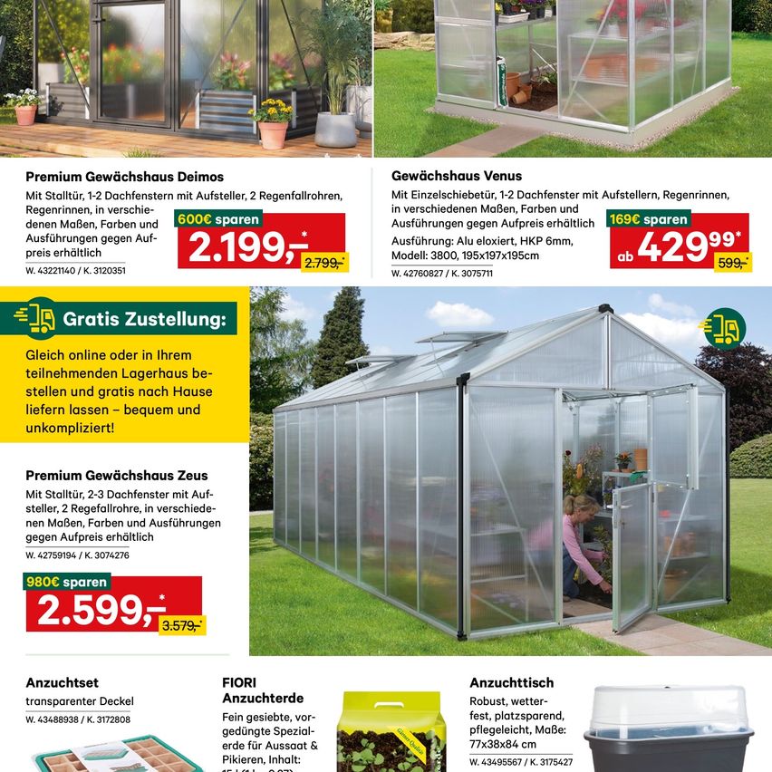 Premium greenhouse with 1-2 roof windows, 2 rainwater gutters, in various sizes, colors, and models. Available for online or in-store pickup with free delivery. 600€ savings.