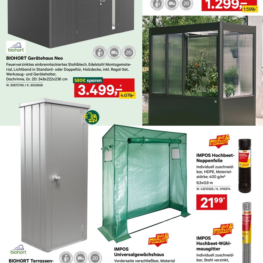An advertisement for Biohort garden sheds in English and German. It features a shed, a greenhouse, and a portable greenhouse. It includes product details, prices, and discounts.