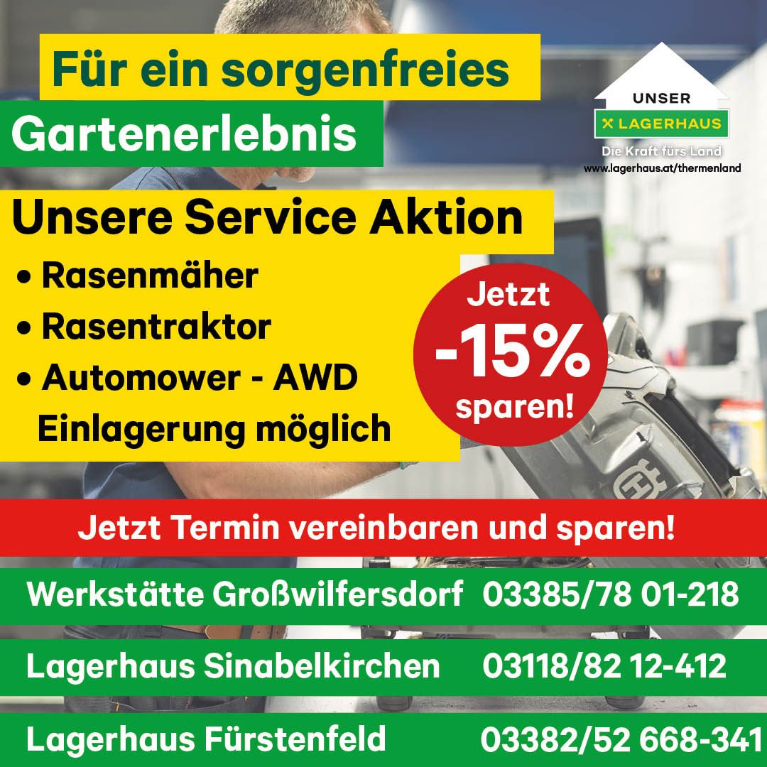 An advertisement for a garden equipment service, showcasing a 15% discount. It features various garden tools like lawn mowers and tractors. Contact numbers and addresses for their locations are provided.