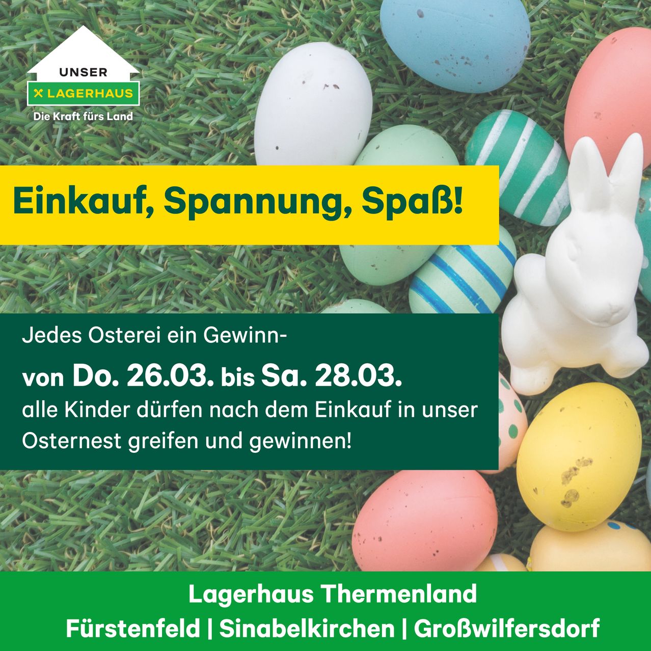 Plakat für eine Osterveranstaltung mit einem Hasen und Ostereiern. Kinder können nach dem Einkauf Preise gewinnen. Termine: 26. März bis 28. März.