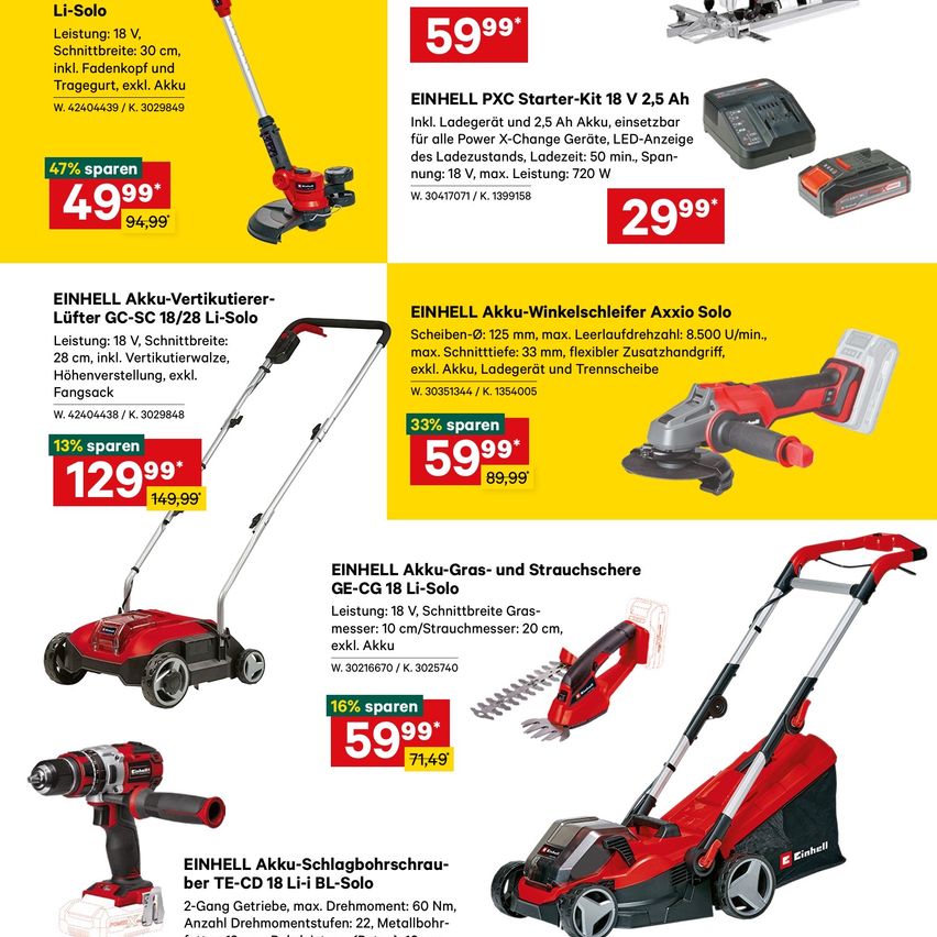 Einhell Akku-Gartengeräte im Angebot: Akku-Astschneider, Rasenmäher, Gras- und Strauchschneider und Schraubendreher. Sonderrabatte auf alle Artikel. Gewichte, Spannungen und Preise aufgeführt.