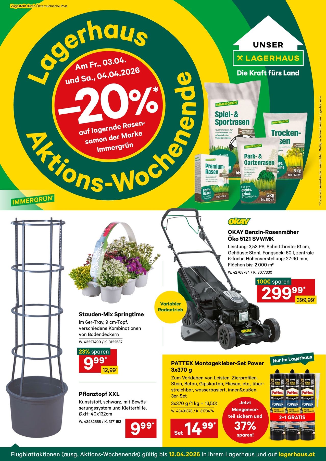 Werbeanzeige für saisonale Produkte mit Rabatten. Die Anzeige zeigt einen Rasenmäher und Gartenprodukte wie Grassamen. Der Rasenmäher hat einen Preisnachlass von 399,99 auf 299,99. Er ist für Rasenflächen bis zu 2000 Quadratmetern geeignet.