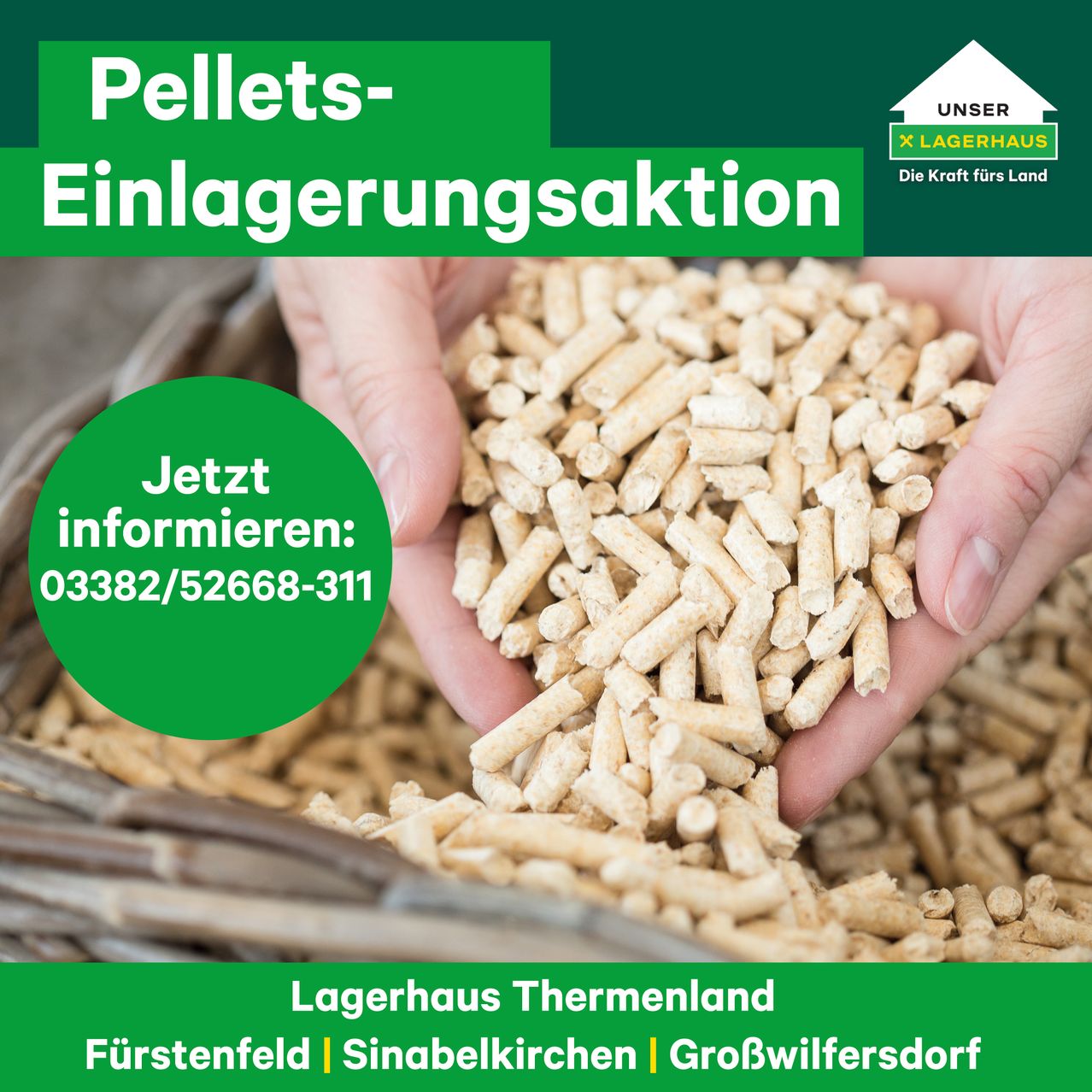 Eine Anzeige für ein Pellets-Lagerangebot zeigt Hände, die einen Korb mit Holzpellets halten. Es enthält eine Telefonnummer und erwähnt Standorte.