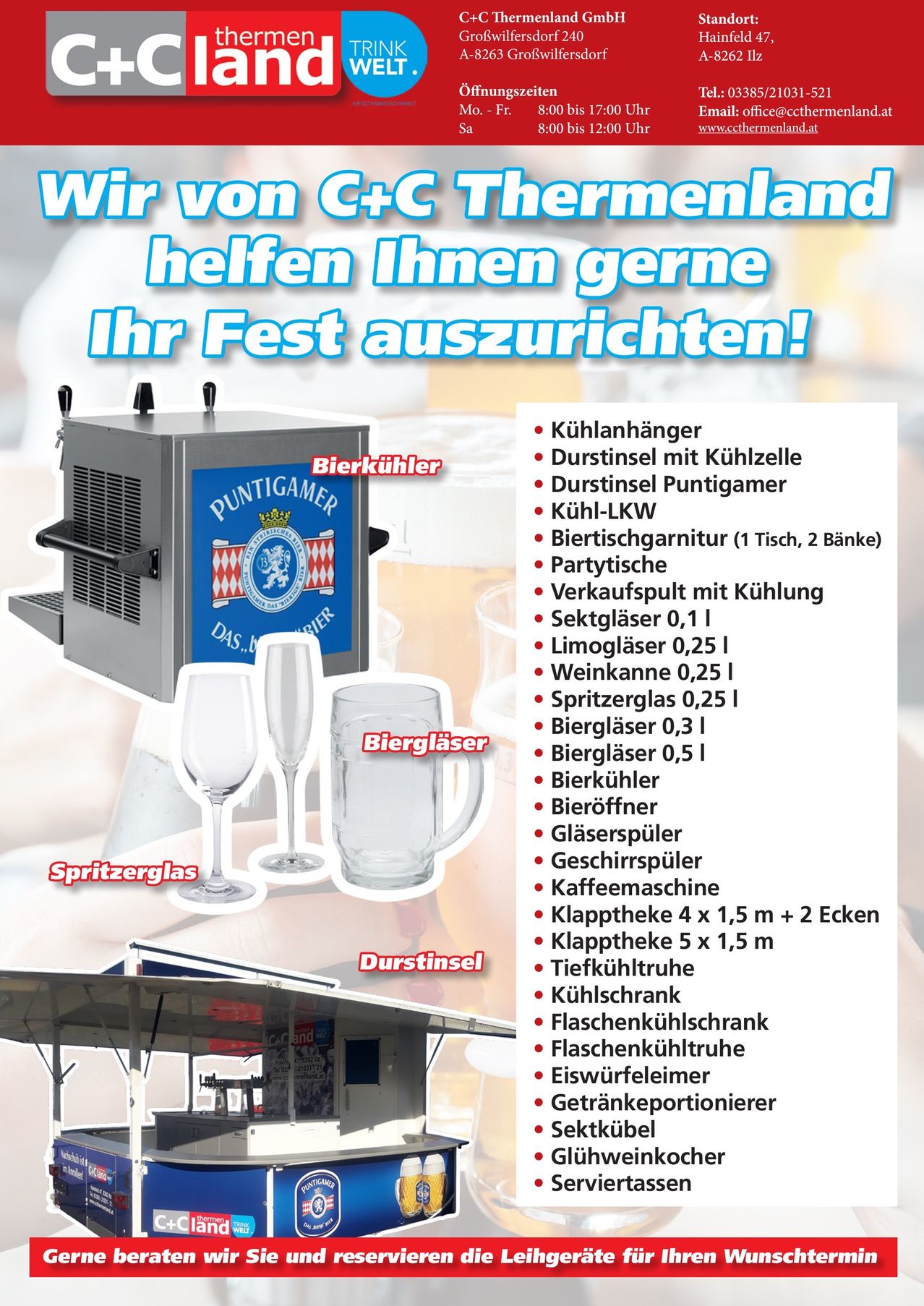 A poster advertises a rental service for party equipment, featuring a beer cooler, various glasses, and a list of items like beer taps and beverage dispensers.