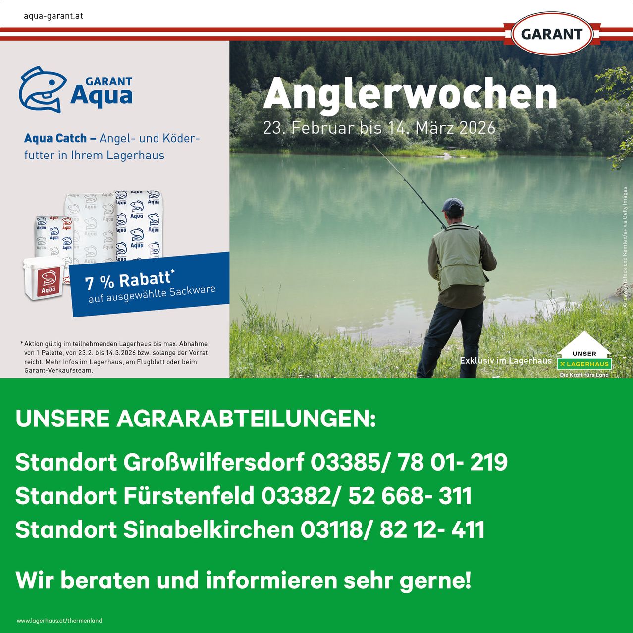 An advertisement for fishing weeks at Aqua Garant. It features a man fishing in a lake. It also promotes discounts on selected products. Contact details for locations in Großwilfersdorf, Fürstenfeld, and Sinabelkirchen are provided.