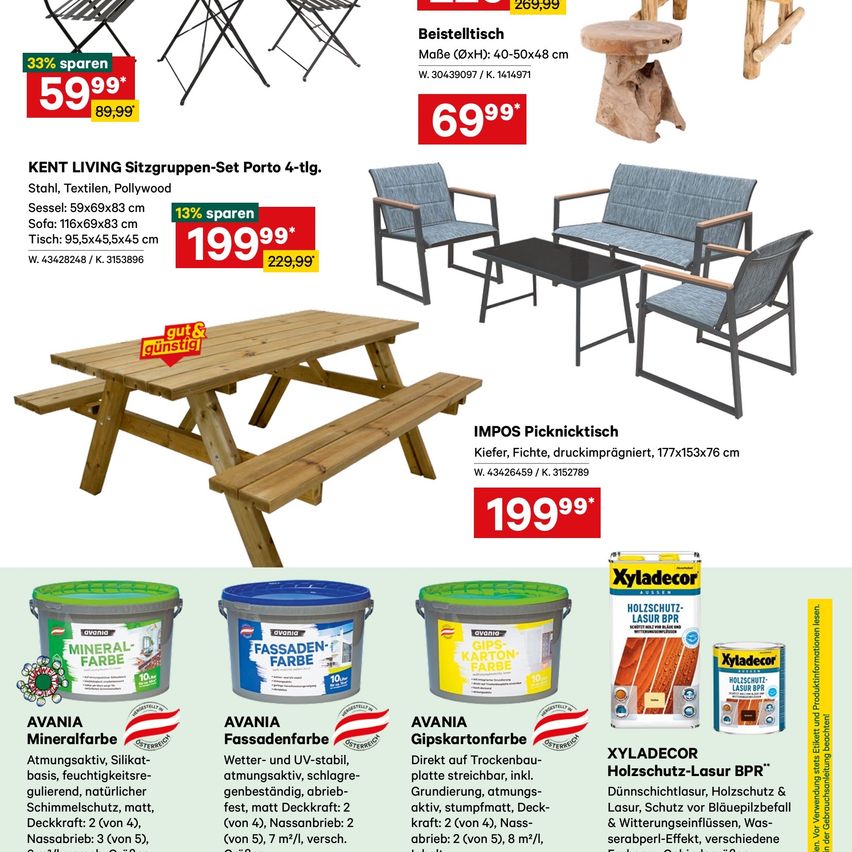 Werbeflyer mit Möbeln und Farben. Angebote umfassen einen 4-Sitzer Kent Living Stuhlset, einen IMPOS Picknicktisch und XyLadecor Farbe. Preise und Rabatte sind hervorgehoben.