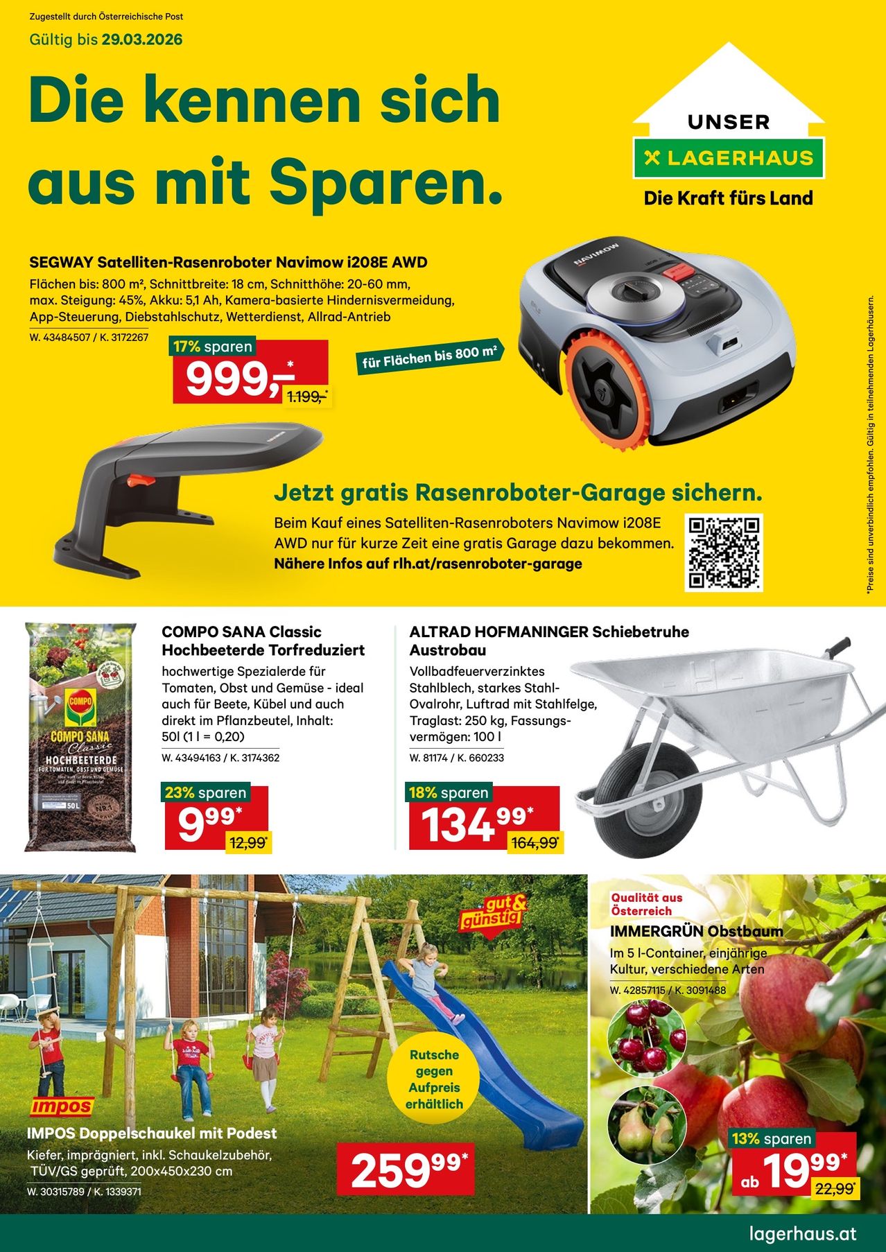 Werbung für einen Rasenmäher. Einsparungen von 17%. Preis von 999. Beinhaltet auch kostenlose Garagenlagerung. Werbung für eine Schubkarre. Einsparungen von 18%. Preis von 134,99.