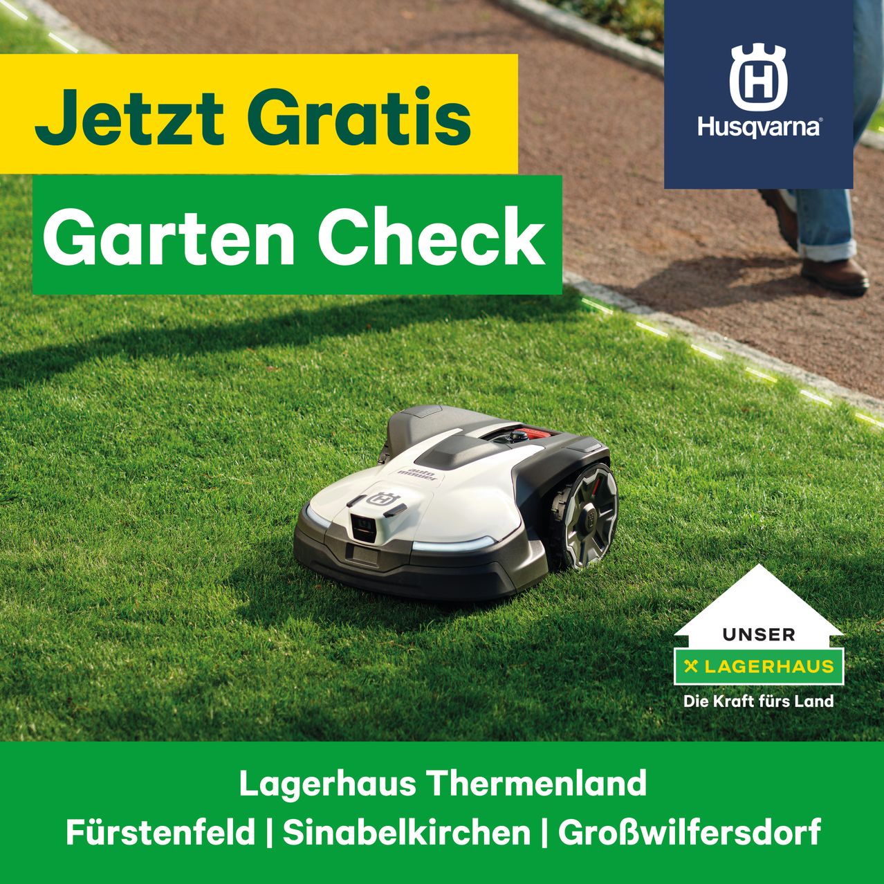 Eine Anzeige für Husqvarna mit einem Rasenmäher auf grünem Rasen. Es steht 'Jetzt Gratis Garten Check' und zeigt das Husqvarna-Logo.