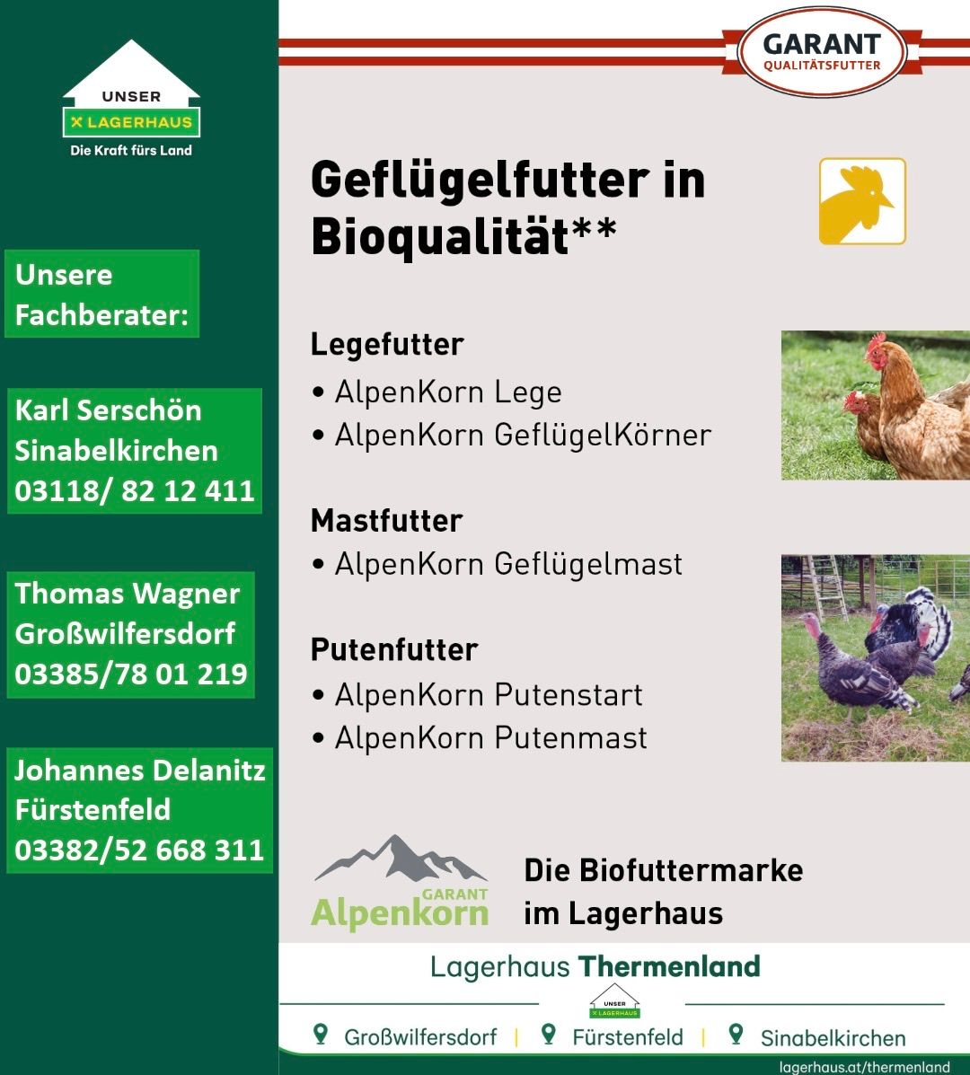 Eine Werbung für Bio-Qualitäts-Geflügelfutter mit Bildern von Hühnern und Truthühnern, mit Kontaktdaten für zwei Lieferanten, Karl Serschon und Thomas Wagner.