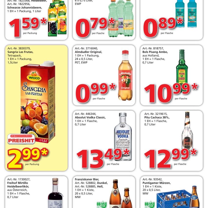 Ein Werbebild, das verschiedene Getränkeprodukte mit ihren Preisen und Mengen anzeigt. Produkte umfassen Fruchtsäfte, Wodka und Bier. Jedes Produkt hat einen Preisschild und eine Beschreibung seines Inhalts und Volumens.