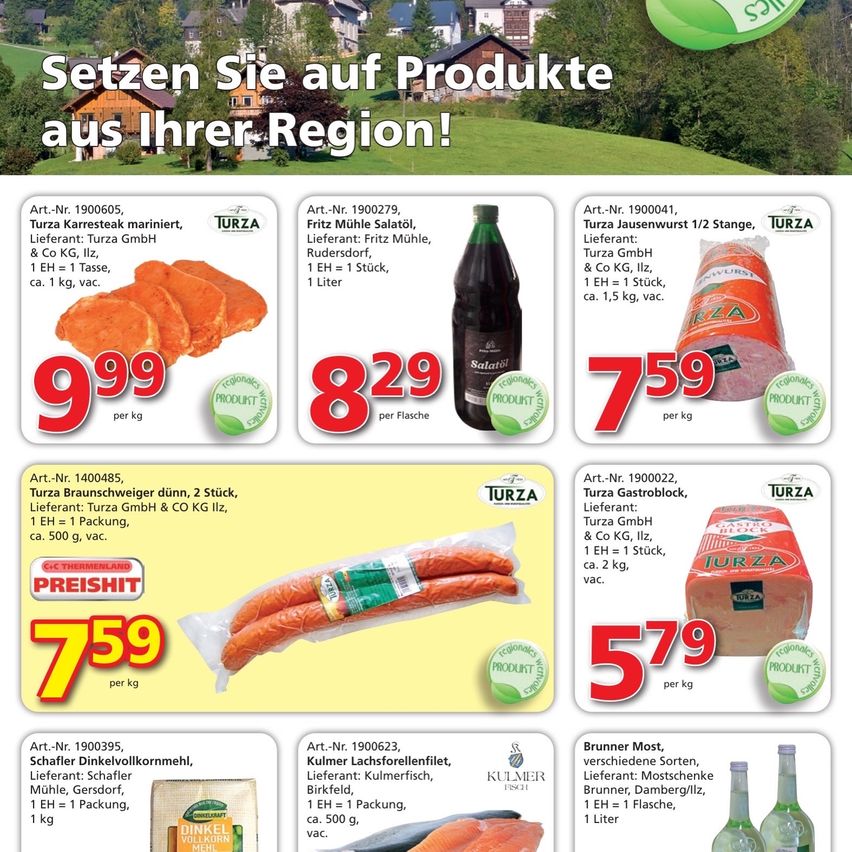 Eine Werbung für regionale Produkte, einschließlich mariniertem Steak, Wurst und verschiedene andere Lebensmittel. Die Produkte stammen von Turza GmbH und Co KG. Preise und Gewichte sind aufgeführt.
