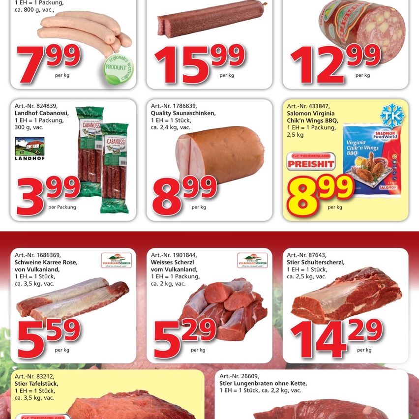 Ein Flyer zeigt verschiedene Fleischprodukte mit ihren Preisen und Gewichten. Es enthält Artikel wie Landhof Kabanossi, Qualitätswürste und Salomon Virginia Chick'n Wings BBQ. Jedes Produkt hat einen Preis pro Kilogramm und einen Preis pro Packung.