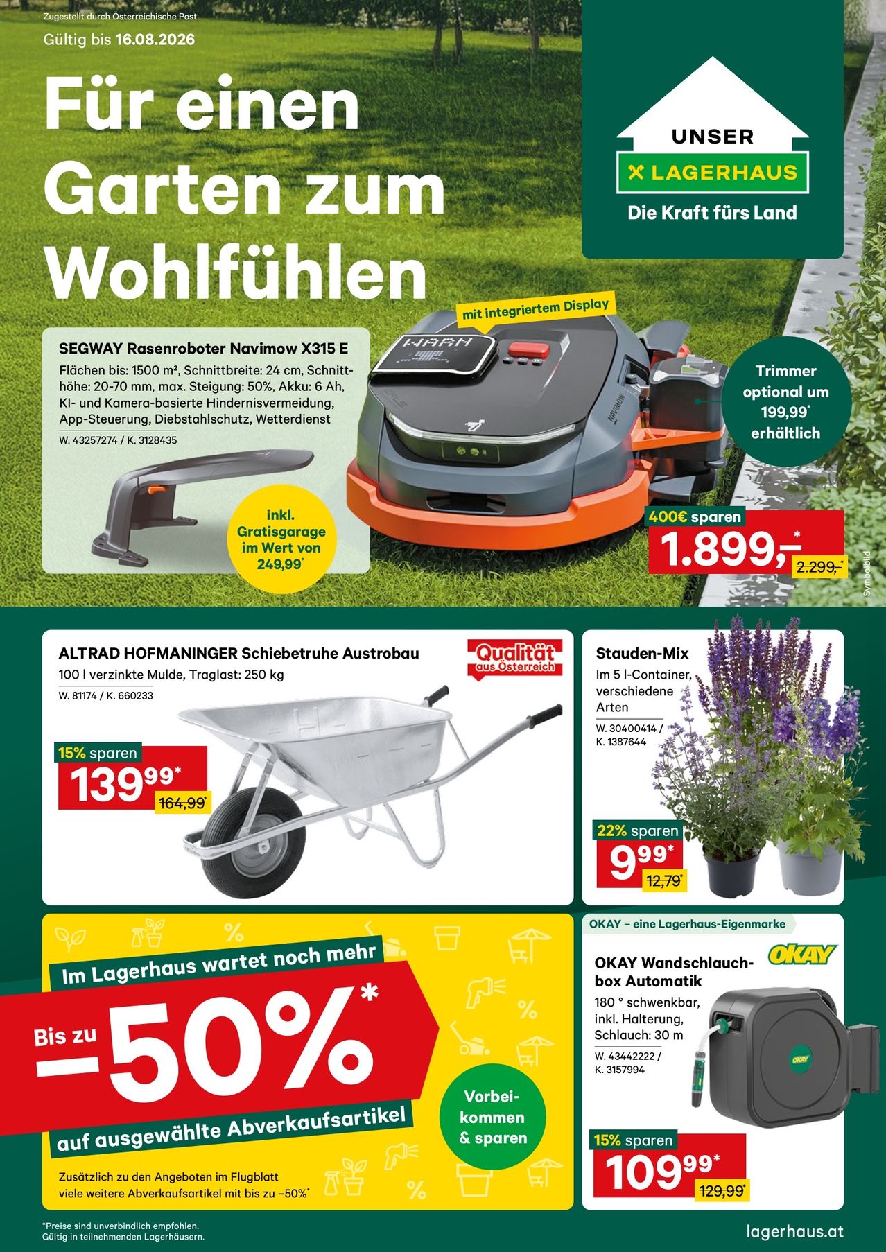 Werbung für einen Rasenmäher und eine Schubkarre mit Rabatten und Produktspezifikationen. Der Rasenmäher ist schwarz und orange mit einem digitalen Display und die Schubkarre ist silber mit schwarzem Griff.