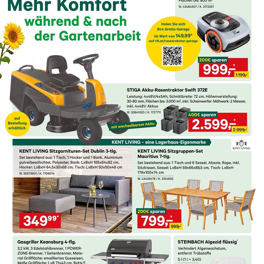 Werbung für einen Rasenmäher und Gartenmöbelset, mit einem gelben und schwarzen Rasenmäher, einem Set Gartenmöbel und einem Gasgrill. Der Rasenmäher kostet 999 Euro, das Möbelset 799 Euro und der Gasgrill 349 Euro.