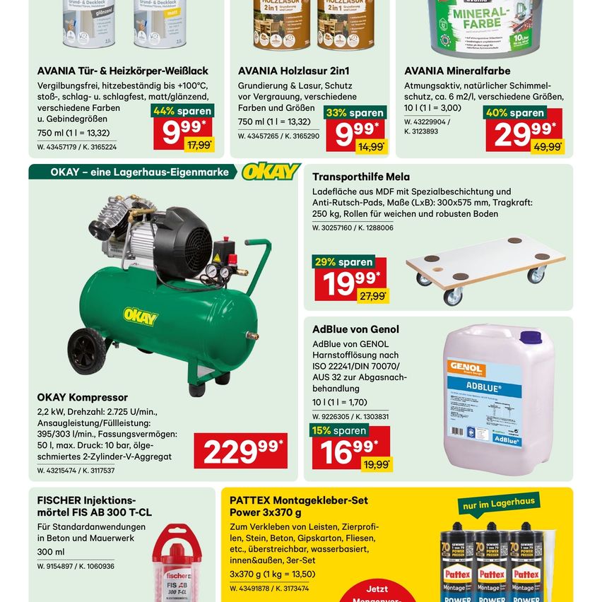 Eine Werbung für verschiedene Bauprodukte, einschließlich schwarzer Farbe, Holzbeize, Mineralfarbe, Kompressor und Montagekleber-Set. Jedes Produkt hat einen Preis und einen Rabattprozentsatz.