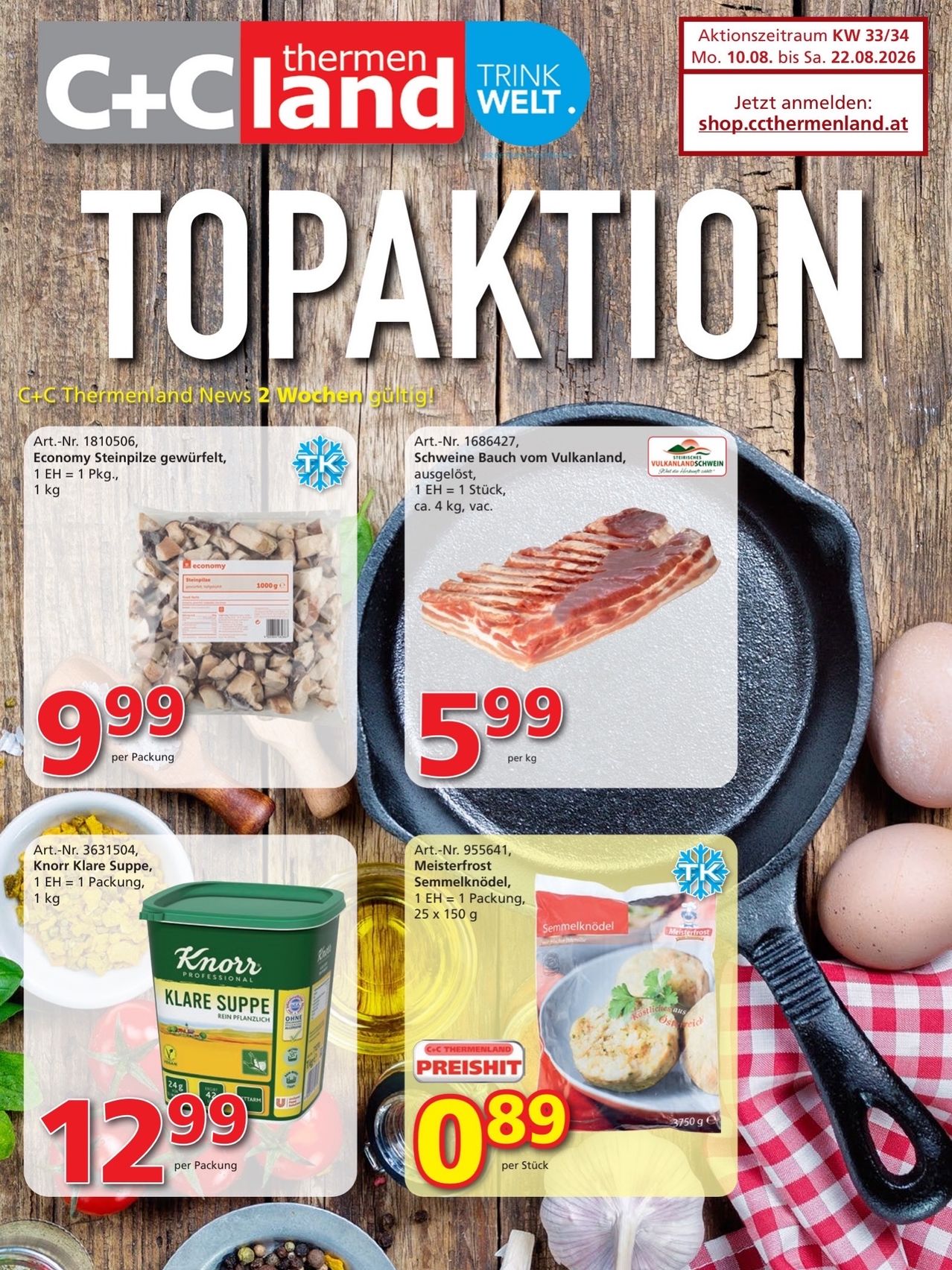 Eine Werbung für einen Verkauf verschiedener Lebensmittel wie Pilze, Schweinebauch und Kartoffelknödel. Die Artikel sind mit ihren Preisen und Beschreibungen dargestellt.