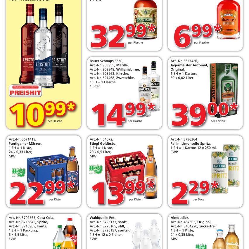 Ein Werbeposter für verschiedene alkoholische Getränke. Es zeigt Flaschen von Wodka, Gin und anderen Spirituosen mit ihren Preisen und Produktdetails. Das Poster ist farbenfroh und umfasst eine Mischung verschiedener Marken und Arten von Alkohol.