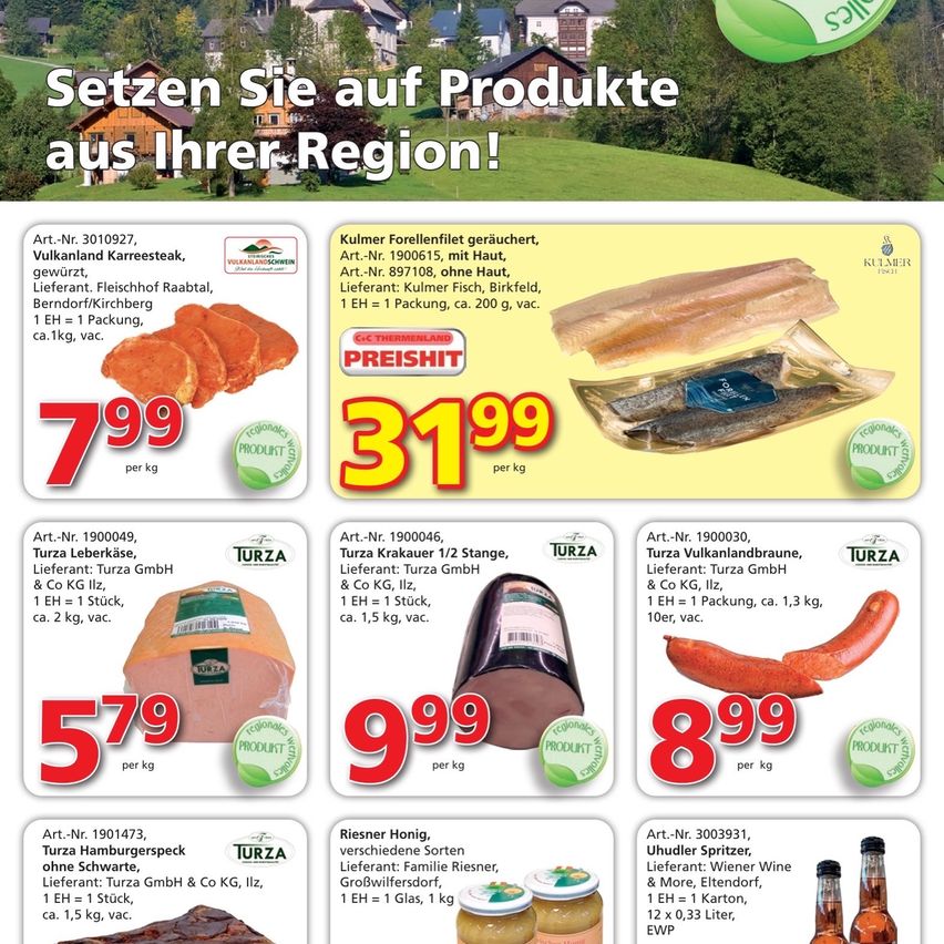 Ein Flyer, der regionale Produkte bewirbt, mit verschiedenen Fleisch- und Fischartikeln, Preisen und Produktdetails. Der Flyer hat ein grünes und gelbes Farbschema mit einem landschaftlichen Hintergrund.